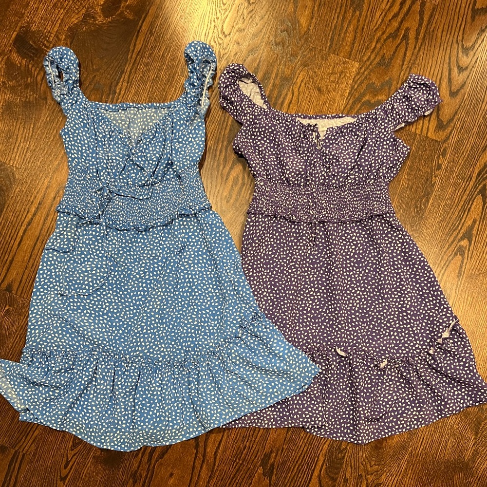 Blue & Purple Polka Dot Smocked Ruffle Dresses (Size M)
